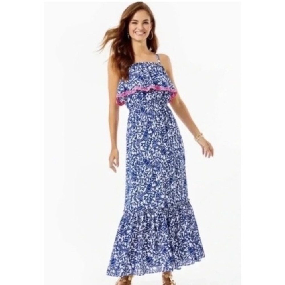 Lilly Pulitzer ADIA Ruffle Maxi Sleeveless Dress Oyster Bay Blue Size‎ M